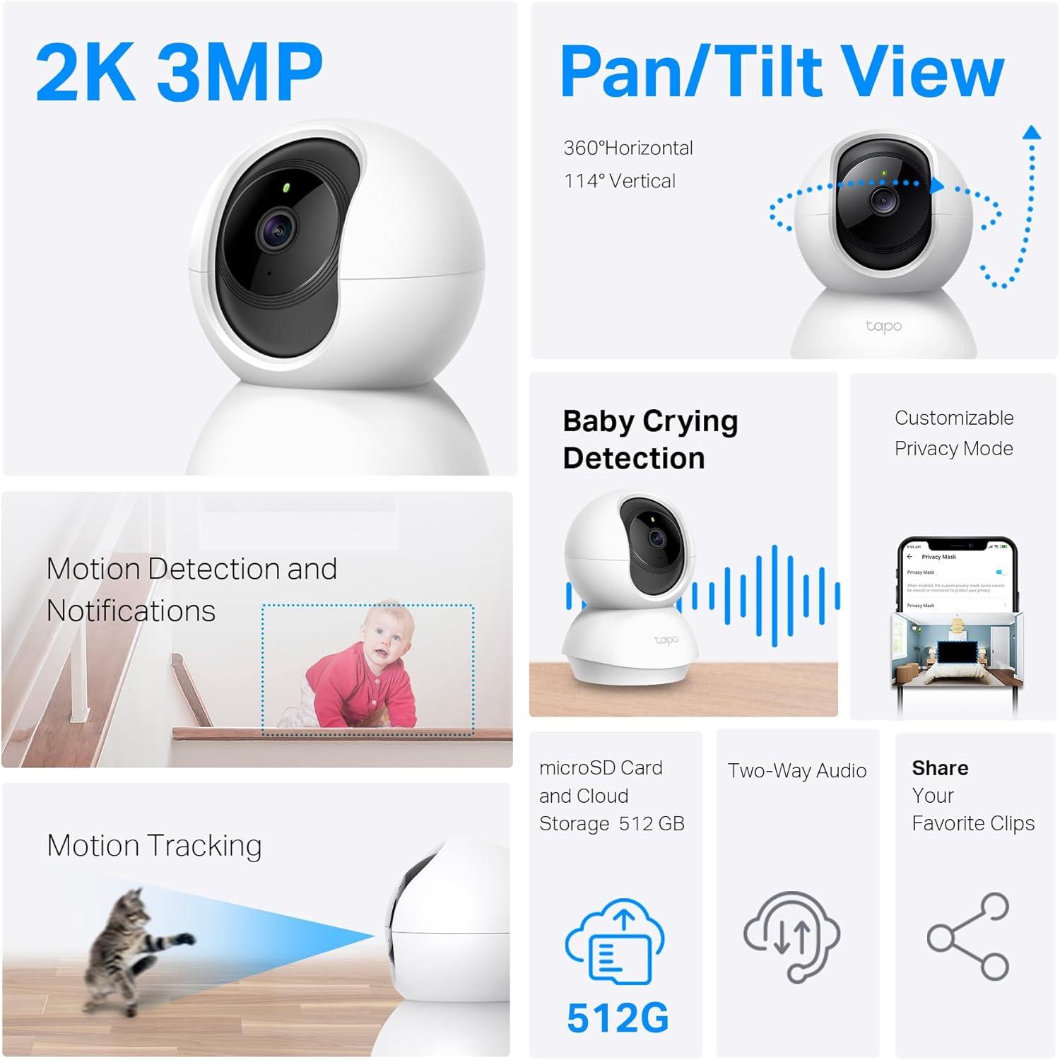imageTapo 2K 3MP PanTilt IndoorOutdoor Security Camera Free PersonBaby Cry Detect ampamp Motion Track 360 Pan Color Night Vision SDCloud Storage Works wAlexa ampamp Google Home HybridCam 360 BlackWhite