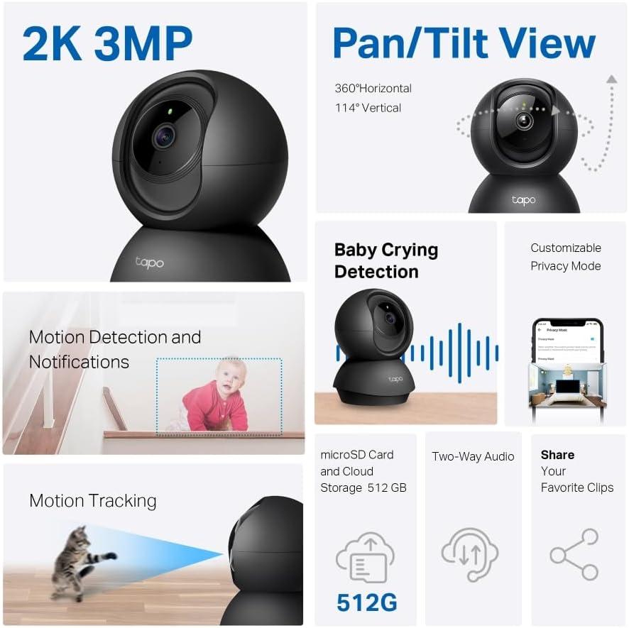 imageTapo 2K 3MP PanTilt IndoorOutdoor Security Camera Free PersonBaby Cry Detect ampamp Motion Track 360 Pan Color Night Vision SDCloud Storage Works wAlexa ampamp Google Home HybridCam 360 BlackBlack