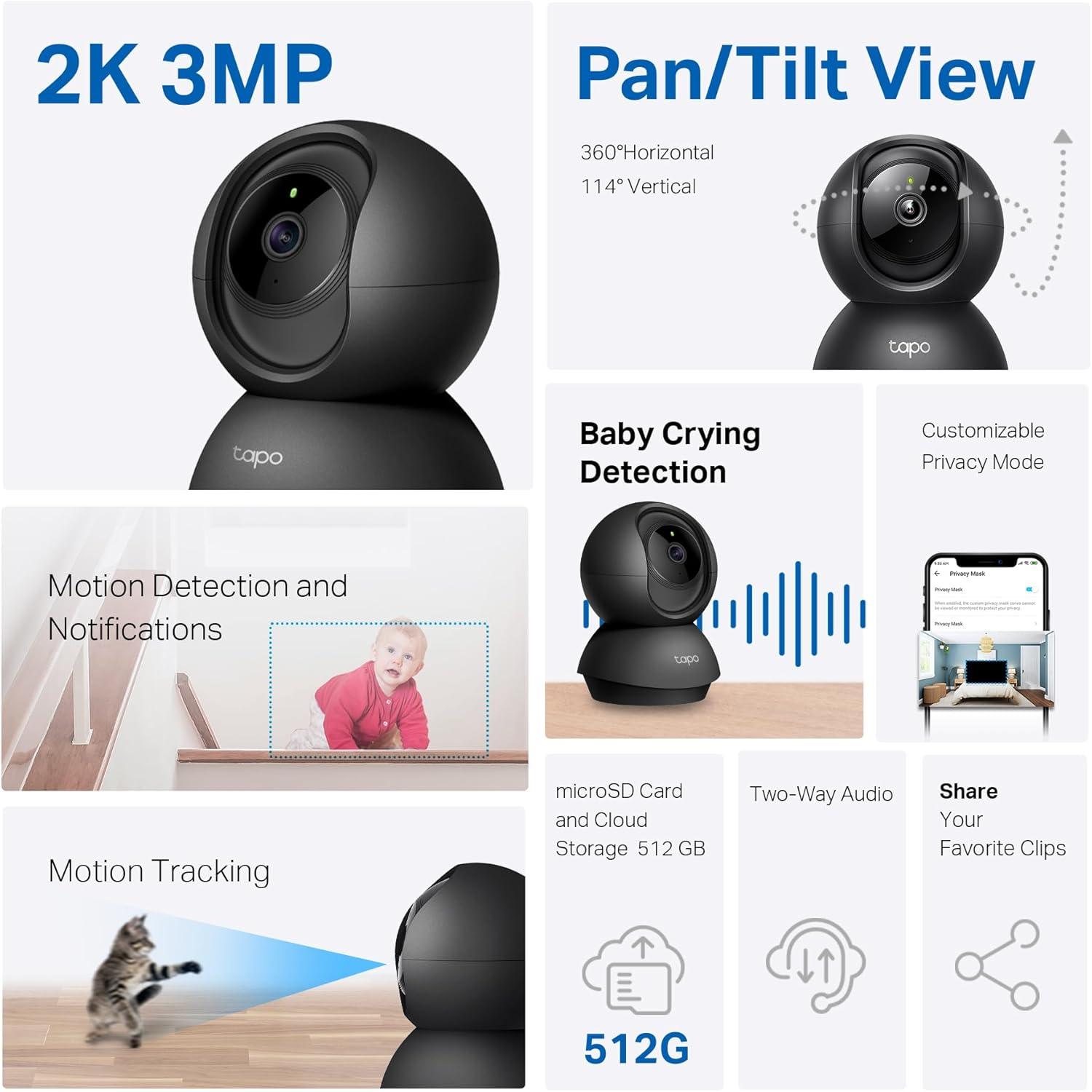 imageTapo 2K 3MP PanTilt IndoorOutdoor Security Camera Free PersonBaby Cry Detect ampamp Motion Track 360 Pan Color Night Vision SDCloud Storage Works wAlexa ampamp Google Home HybridCam 360 BlackBlack